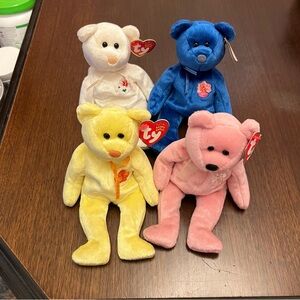 Ty Beanie Babies Plush Bears - Blue, Pink, Yellow, White